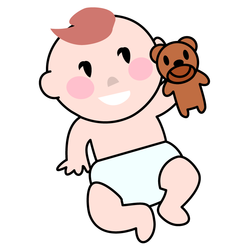 おもちゃのクマを持ってご機嫌の赤ちゃんのイラスト